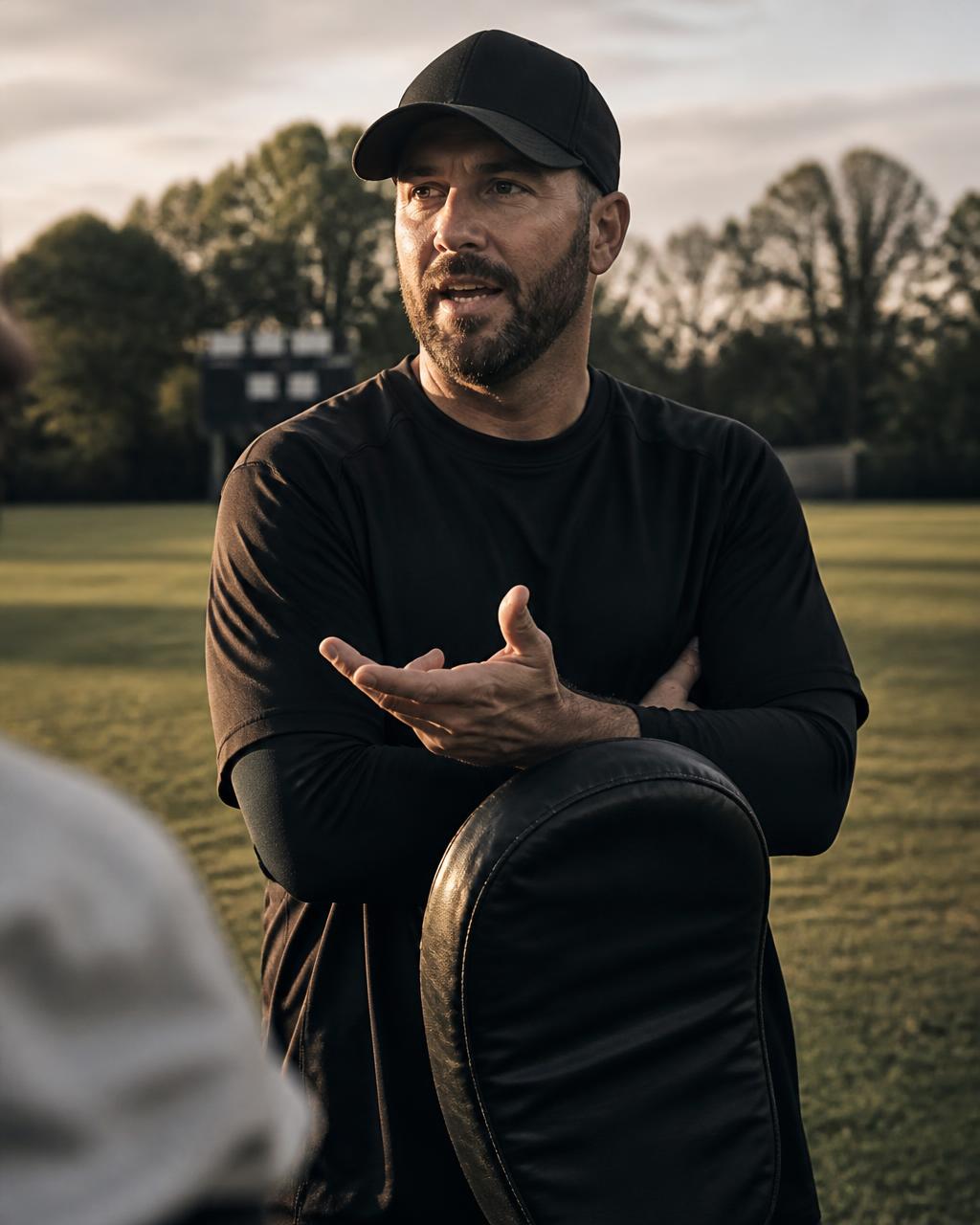 Coach on the grass holding a hand shield during a session